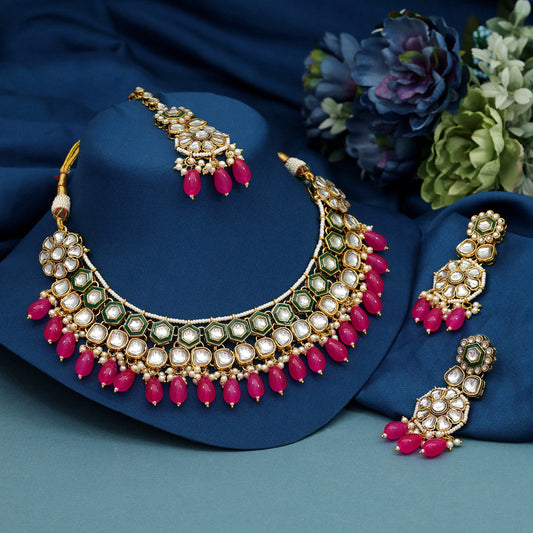 Dark Pink Color Meena Work Kundan Necklace Set (KN1392DPNK) - Preyans.com