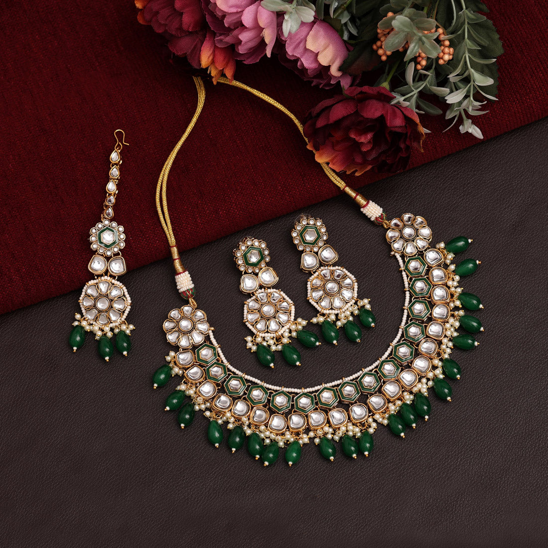 Green Color Meena Work Kundan Necklace Set (KN1392GRN) - Preyans.com