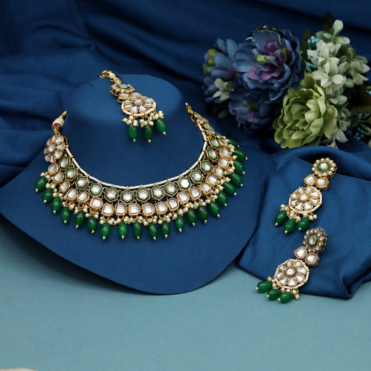 Green Color Meena Work Kundan Necklace Set (KN1392GRN) - Preyans.com