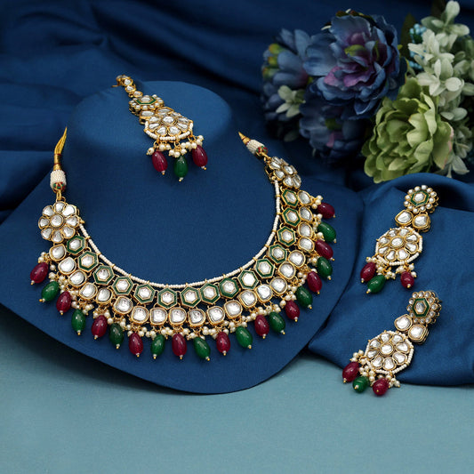 Maroon & Green Color Meena Work Kundan Necklace Set (KN1392MG) - Preyans.com