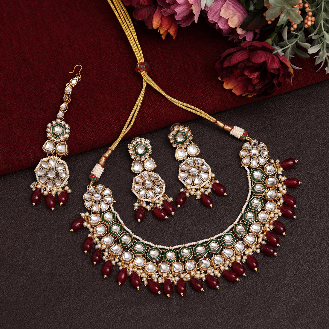 Maroon Color Meena Work Kundan Necklace Set (KN1392MRN) - Preyans.com