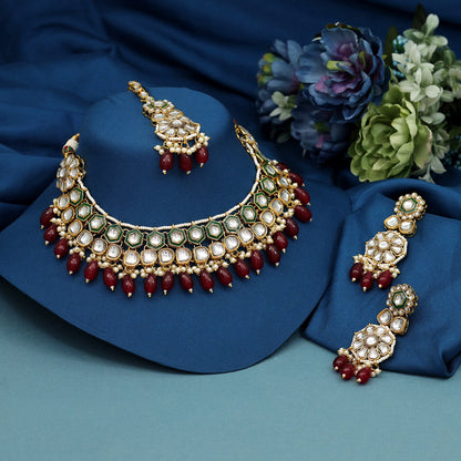 Maroon Color Meena Work Kundan Necklace Set (KN1392MRN) - Preyans.com