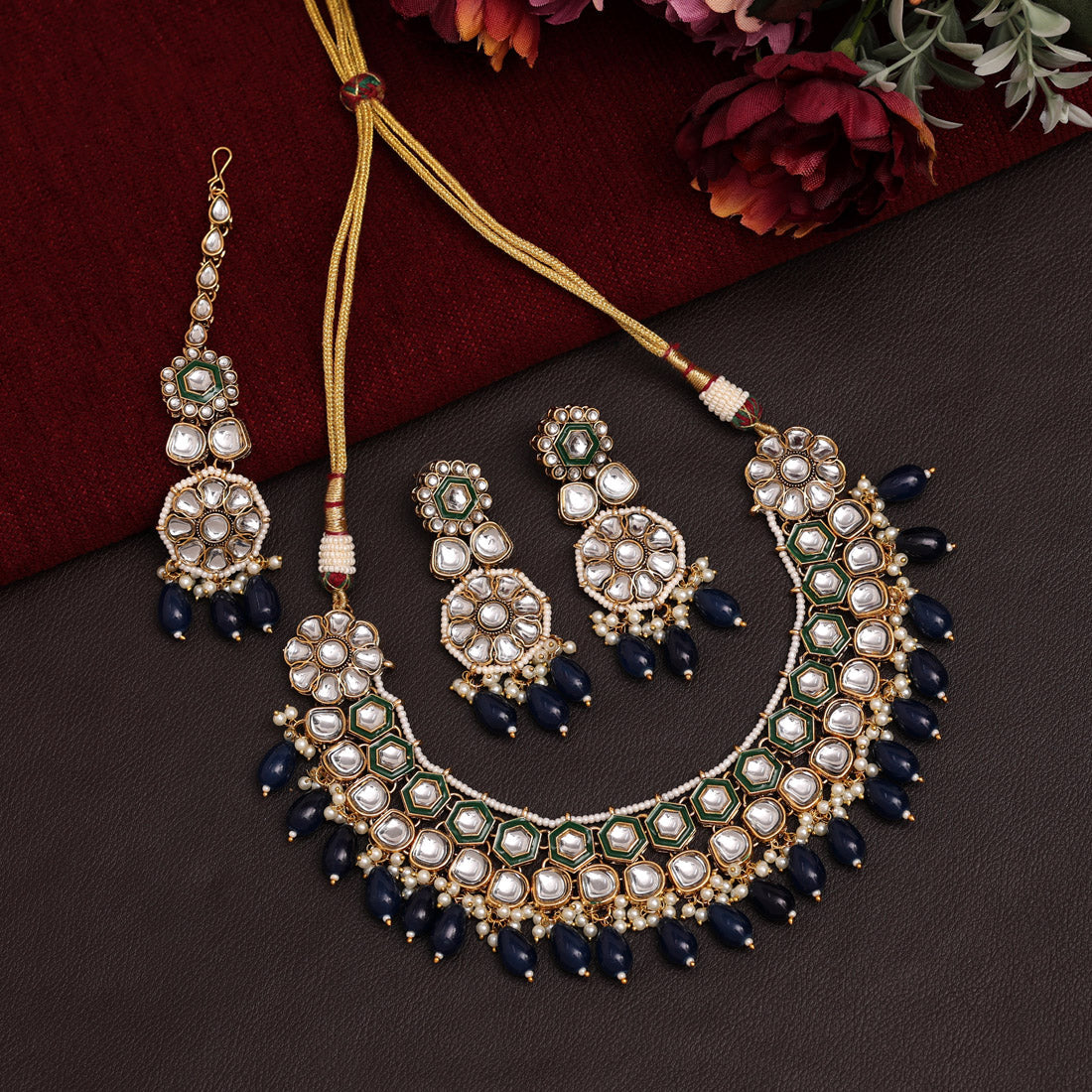 Navy Blue Color Meena Work Kundan Necklace Set (KN1392NBLU) - Preyans.com