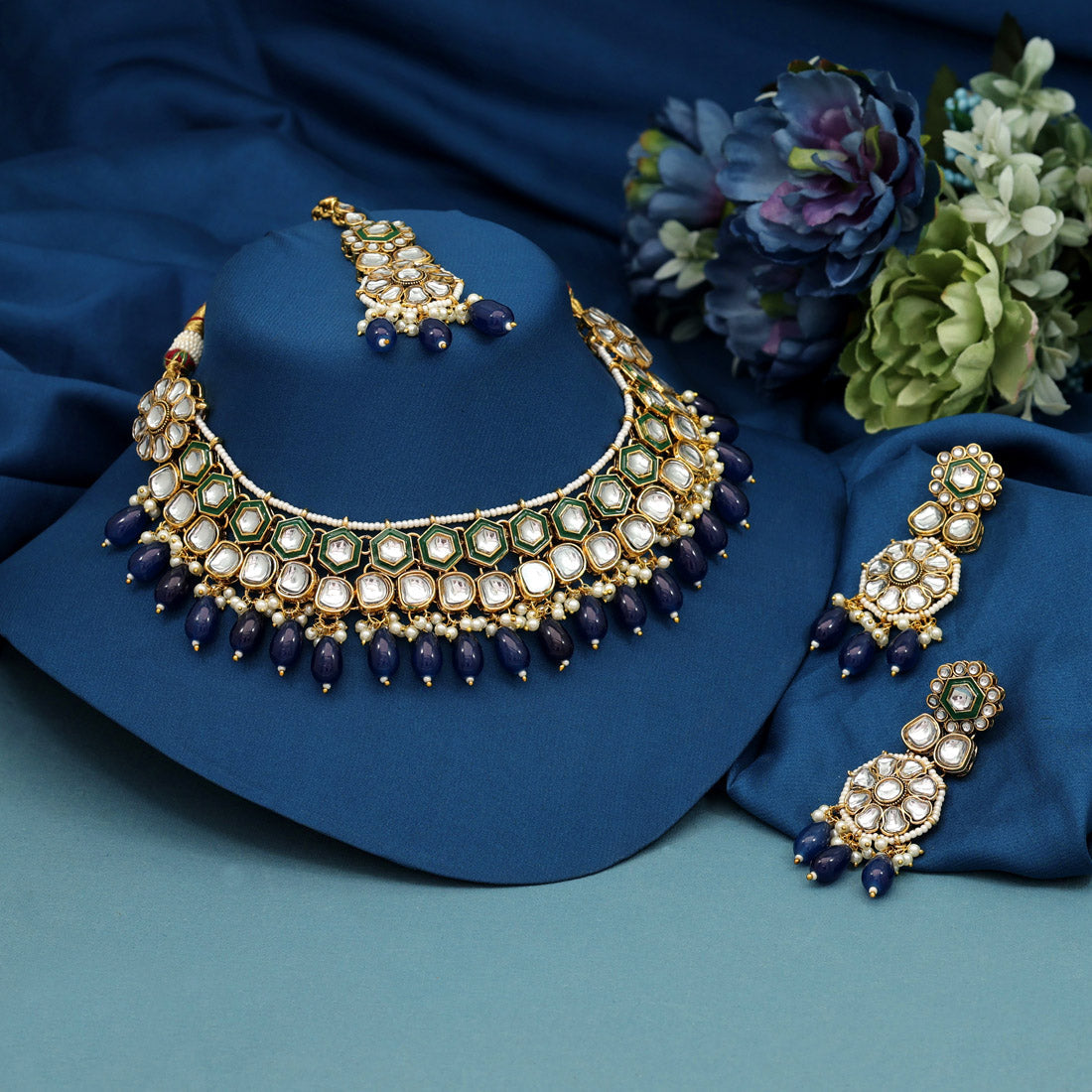 Navy Blue Color Meena Work Kundan Necklace Set (KN1392NBLU) - Preyans.com