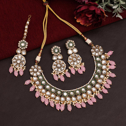 Pink Color Meena Work Kundan Necklace Set (KN1392PNK) - Preyans.com