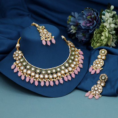 Pink Color Meena Work Kundan Necklace Set (KN1392PNK) - Preyans.com