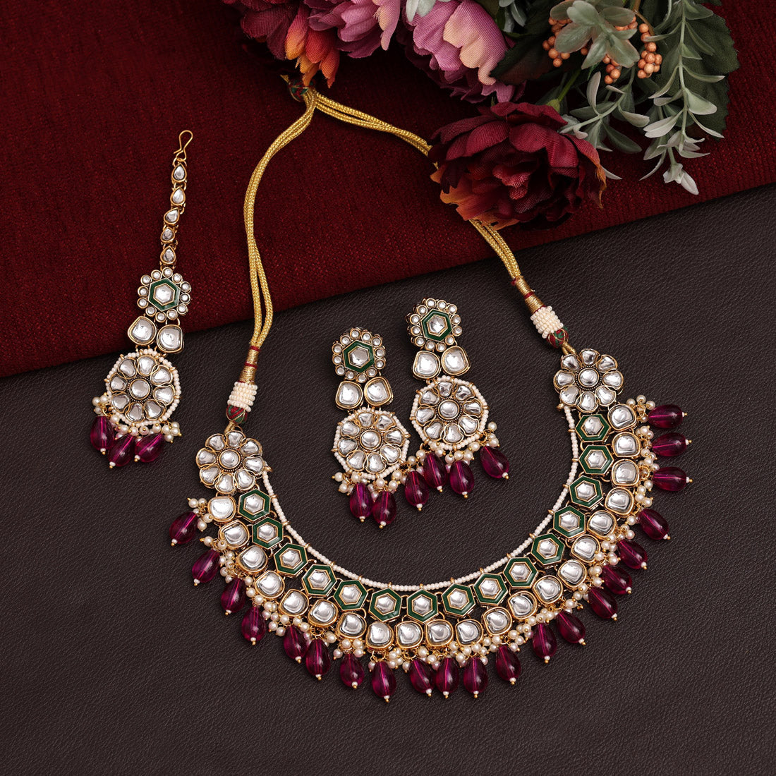 Rani Color Meena Work Kundan Necklace Set (KN1392RNI) - Preyans.com