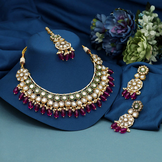 Rani Color Meena Work Kundan Necklace Set (KN1392RNI) - Preyans.com