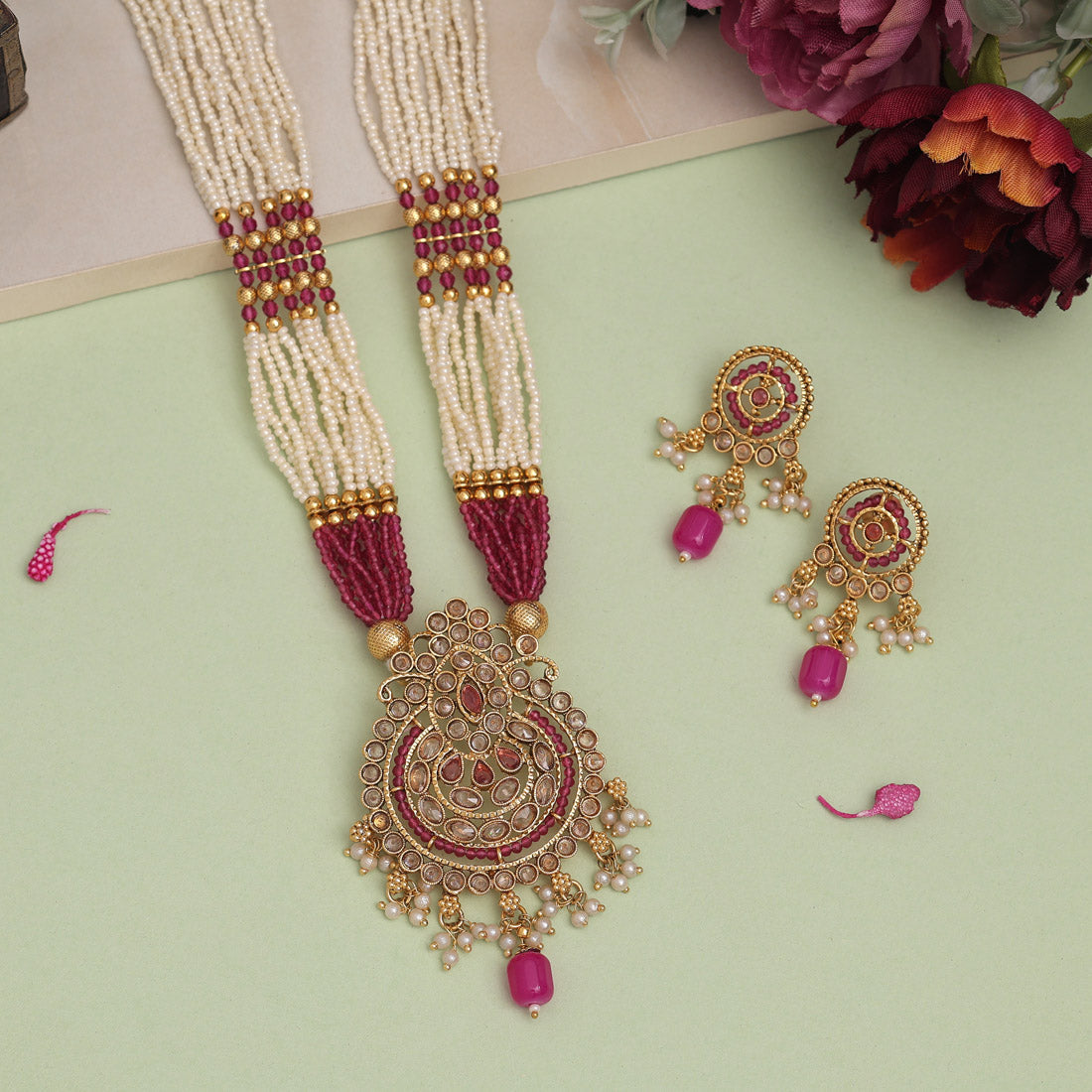 Rani Color Long Kundan Necklace Set (KN1403RNI) - preyans.com