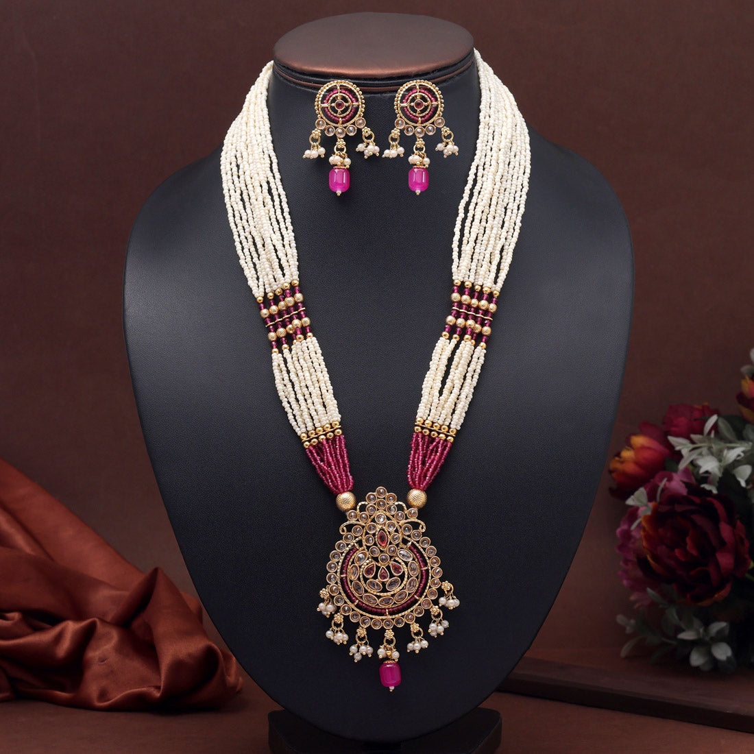 Rani Color Long Kundan Necklace Set (KN1403RNI) - preyans.com