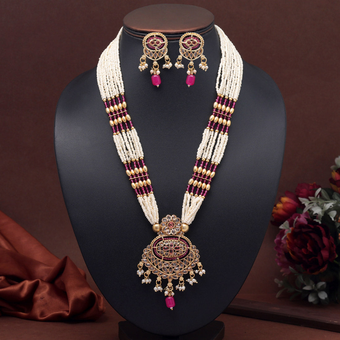 Rani Color Long Kundan Necklace Set (KN1404RNI) - preyans.com