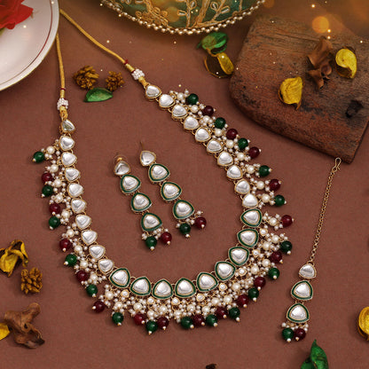 Maroon & Green Color Kundan Necklace Set (KN1412MG) - preyans.com