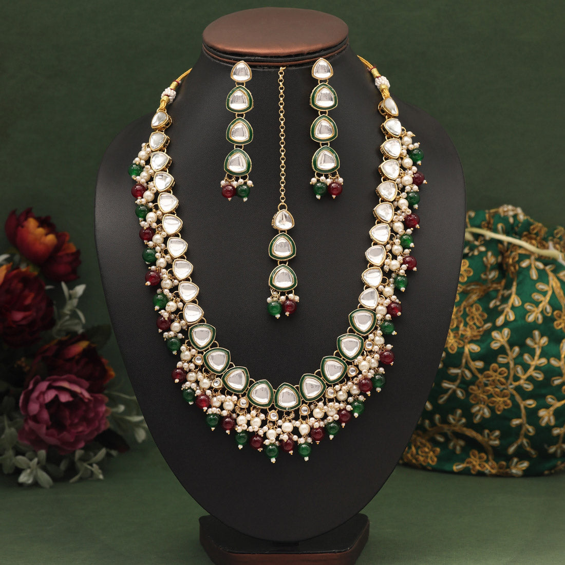 Maroon & Green Color Kundan Necklace Set (KN1412MG) - preyans.com