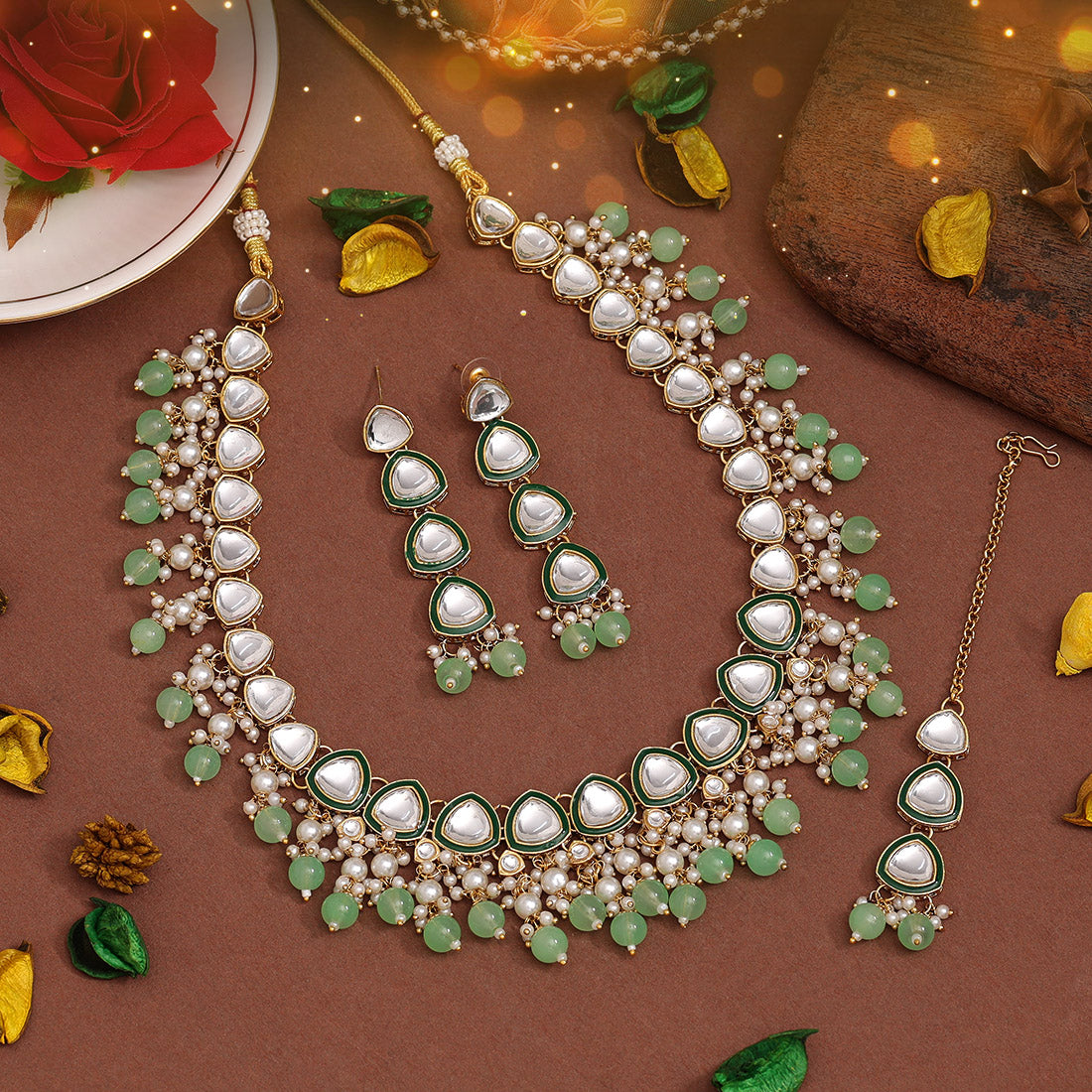 Parrot Green Color Kundan Necklace Set (KN1412PGRN) - preyans.com