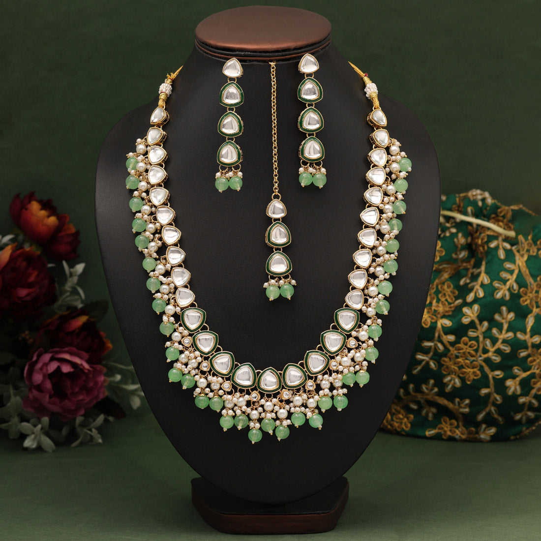 Parrot Green Color Kundan Necklace Set (KN1412PGRN) - preyans.com