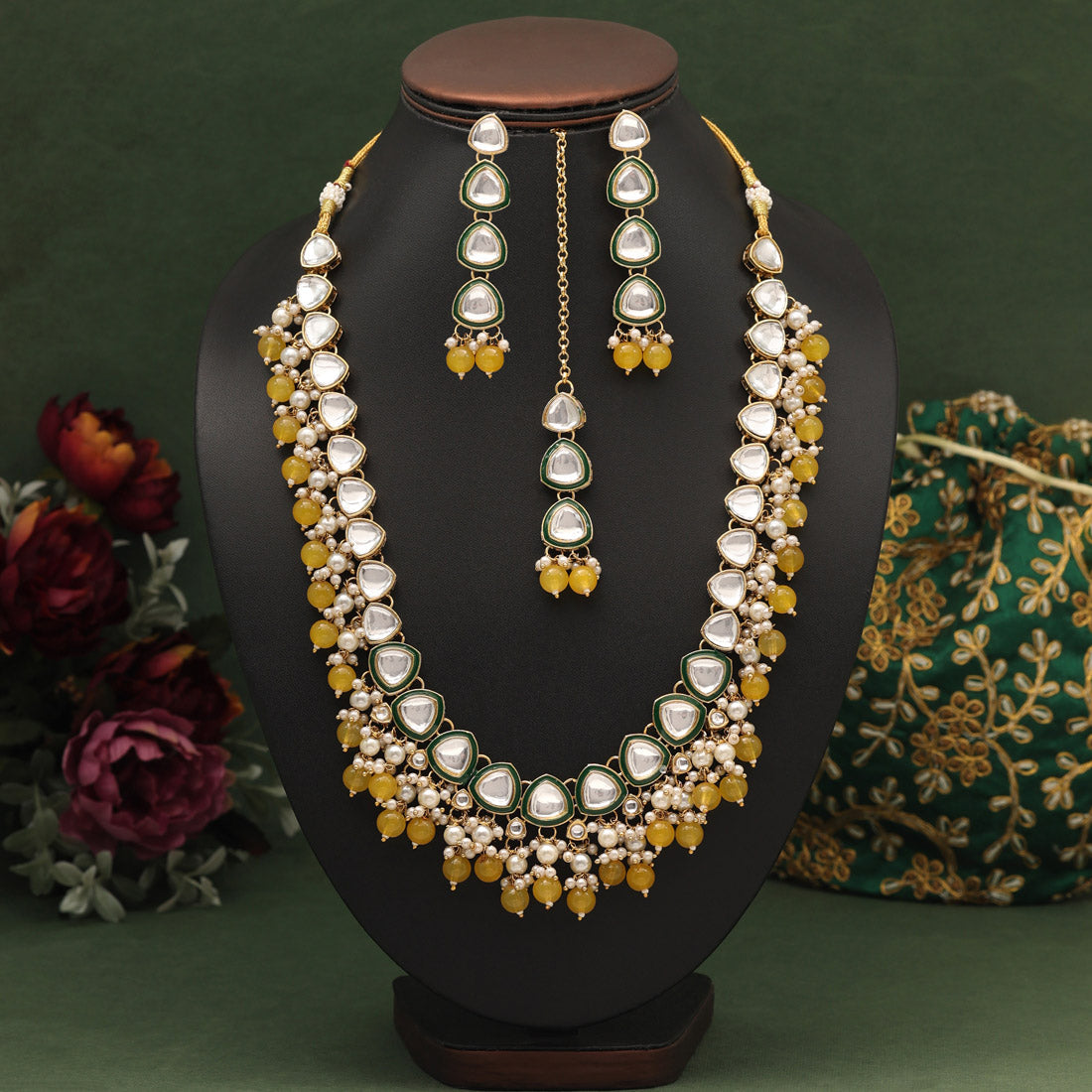 Yellow Color Kundan Necklace Set (KN1412YLW) - preyans.com