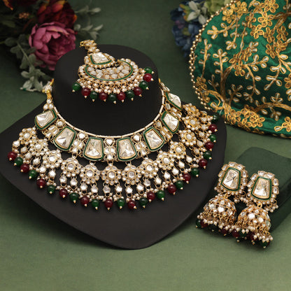 Maroon & Green Color Kundan Necklace Set (KN1413MG) - preyans.com