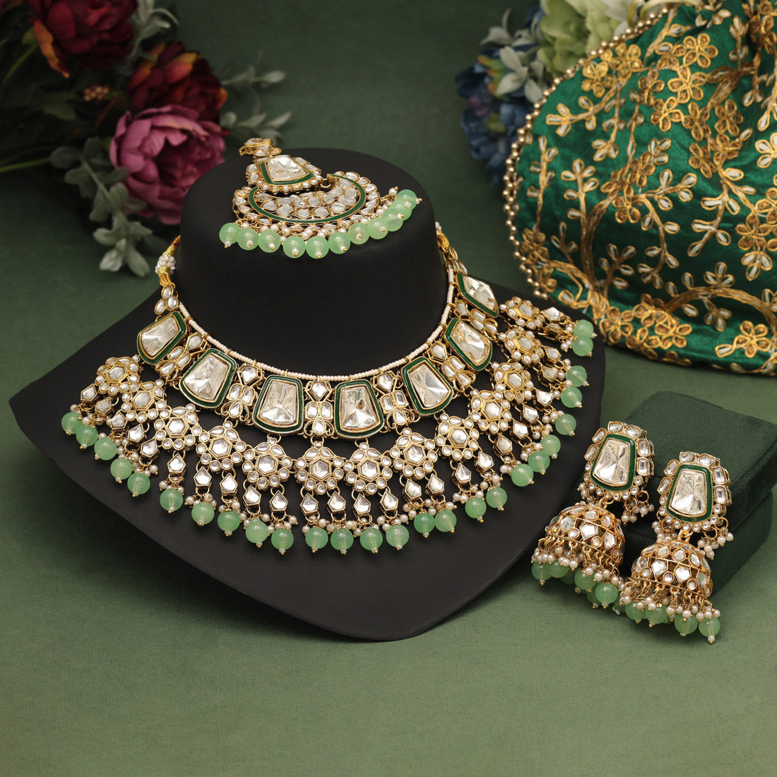 Parrot Green Color Kundan Necklace Set (KN1413PGRN) - preyans.com