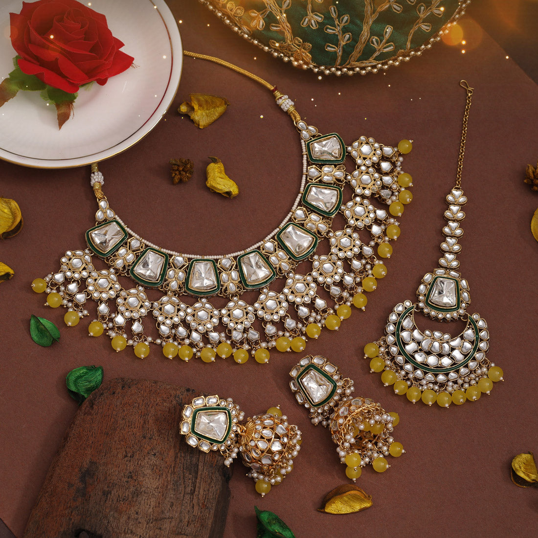 Yellow Color Kundan Necklace Set (KN1413YLW) - preyans.com