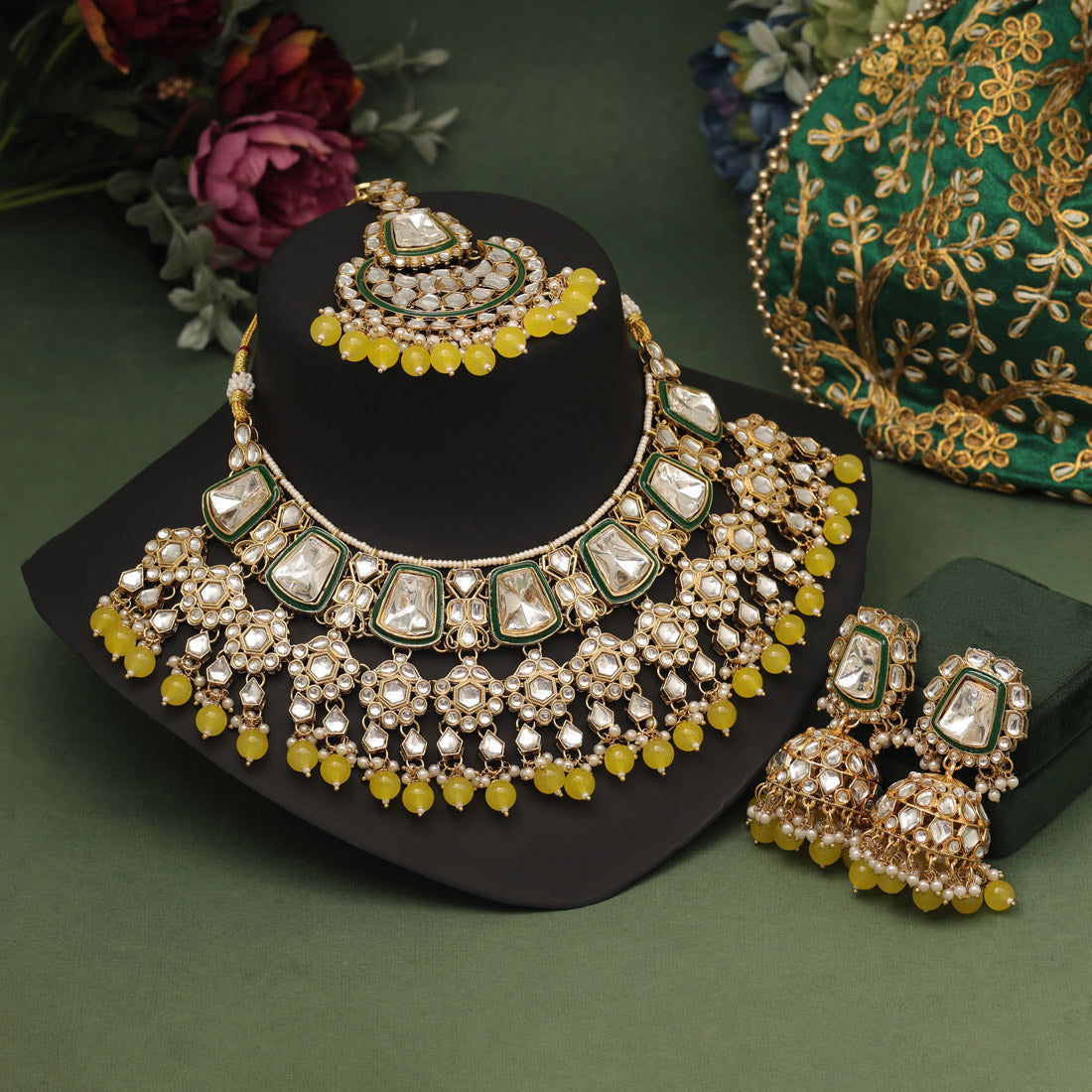 Yellow Color Kundan Necklace Set (KN1413YLW) - preyans.com