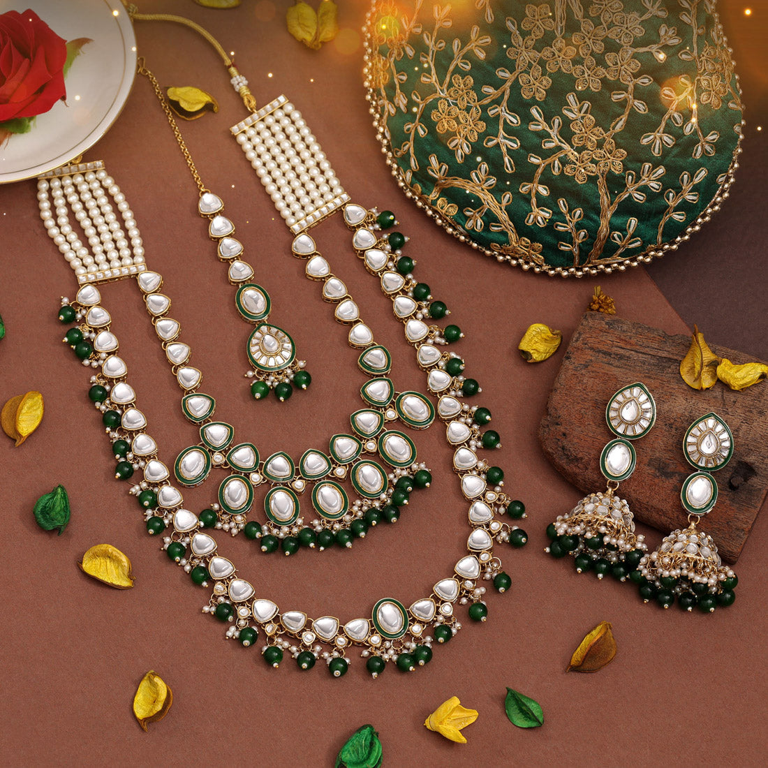 Green Color Kundan Necklace Set (KN1414GRN) - preyans.com