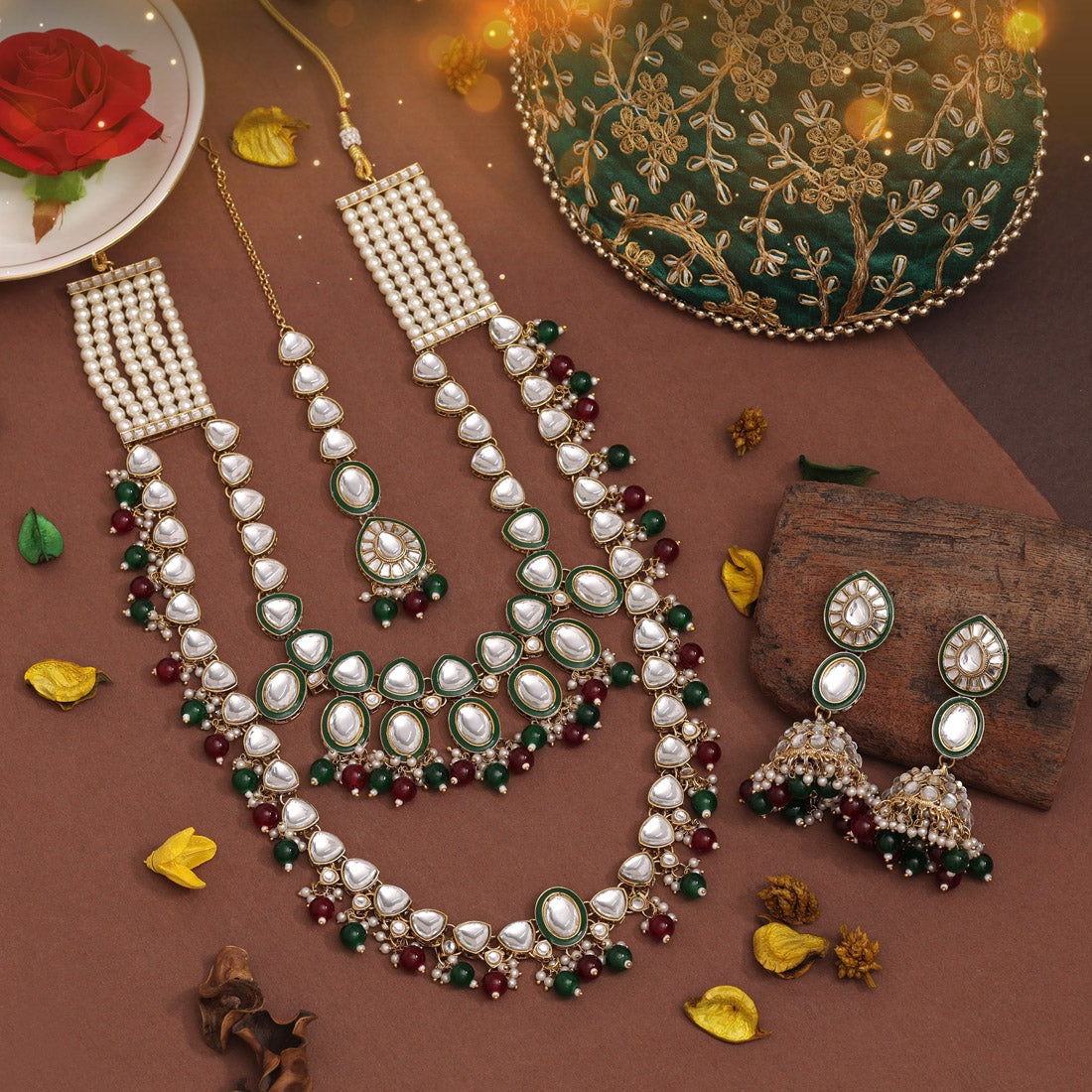 Maroon & Green Color Kundan Necklace Set (KN1414MG) - preyans.com