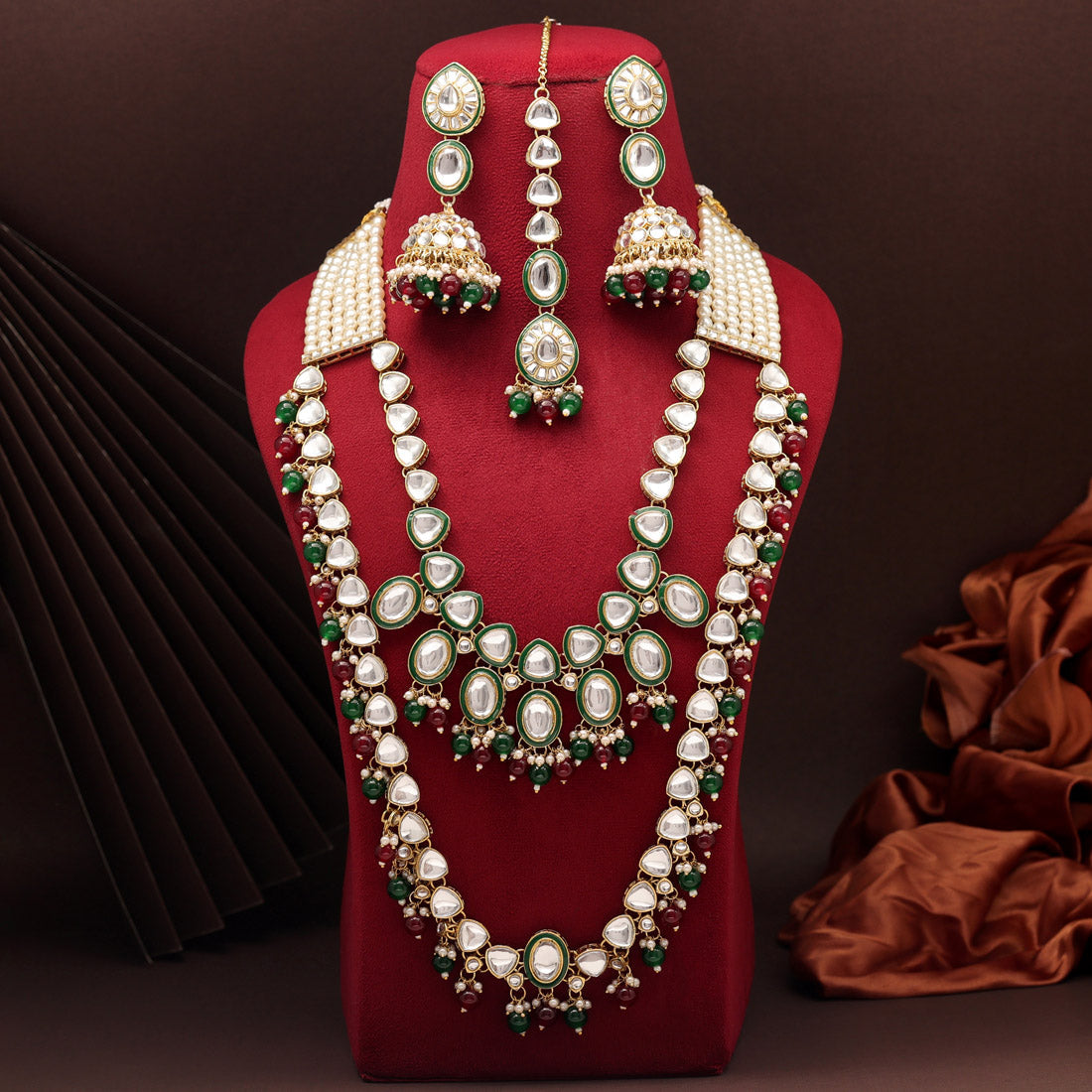 Maroon & Green Color Kundan Necklace Set (KN1414MG) - preyans.com