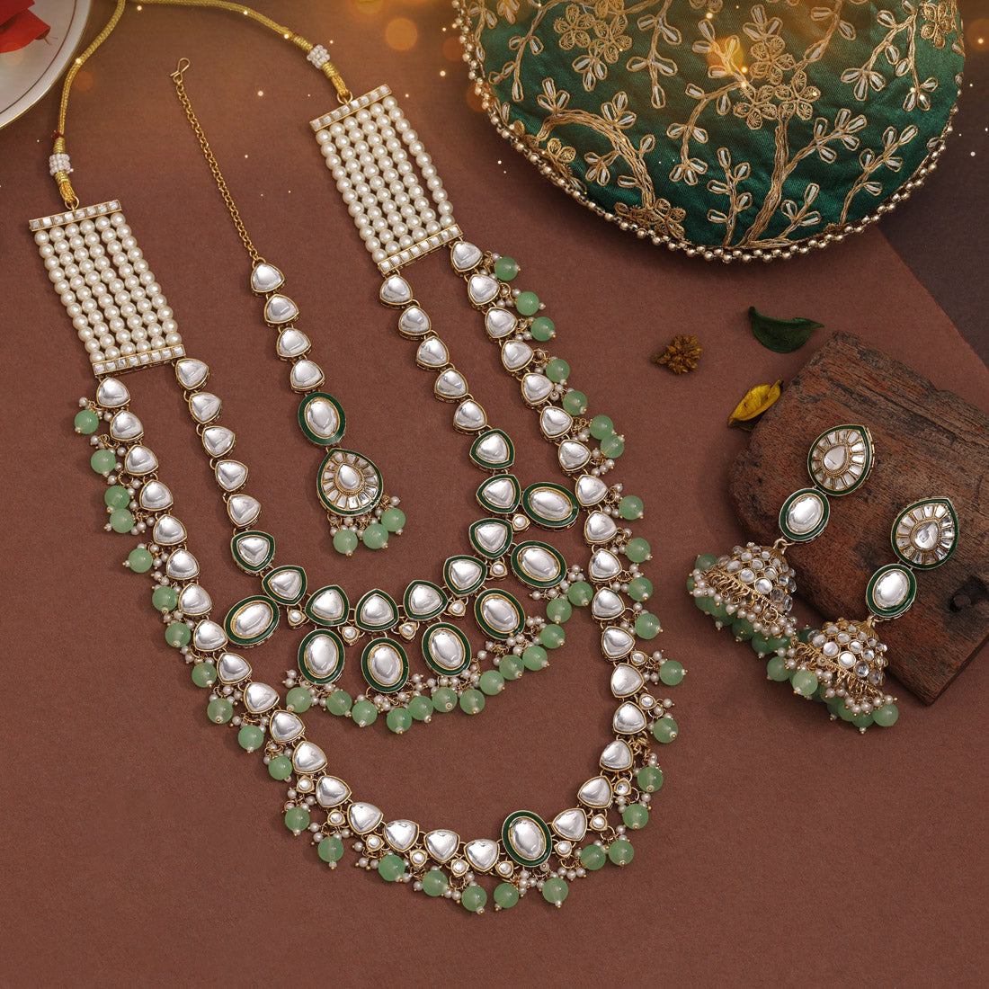 Parrot Green Color Kundan Necklace Set (KN1414PGRN) - preyans.com