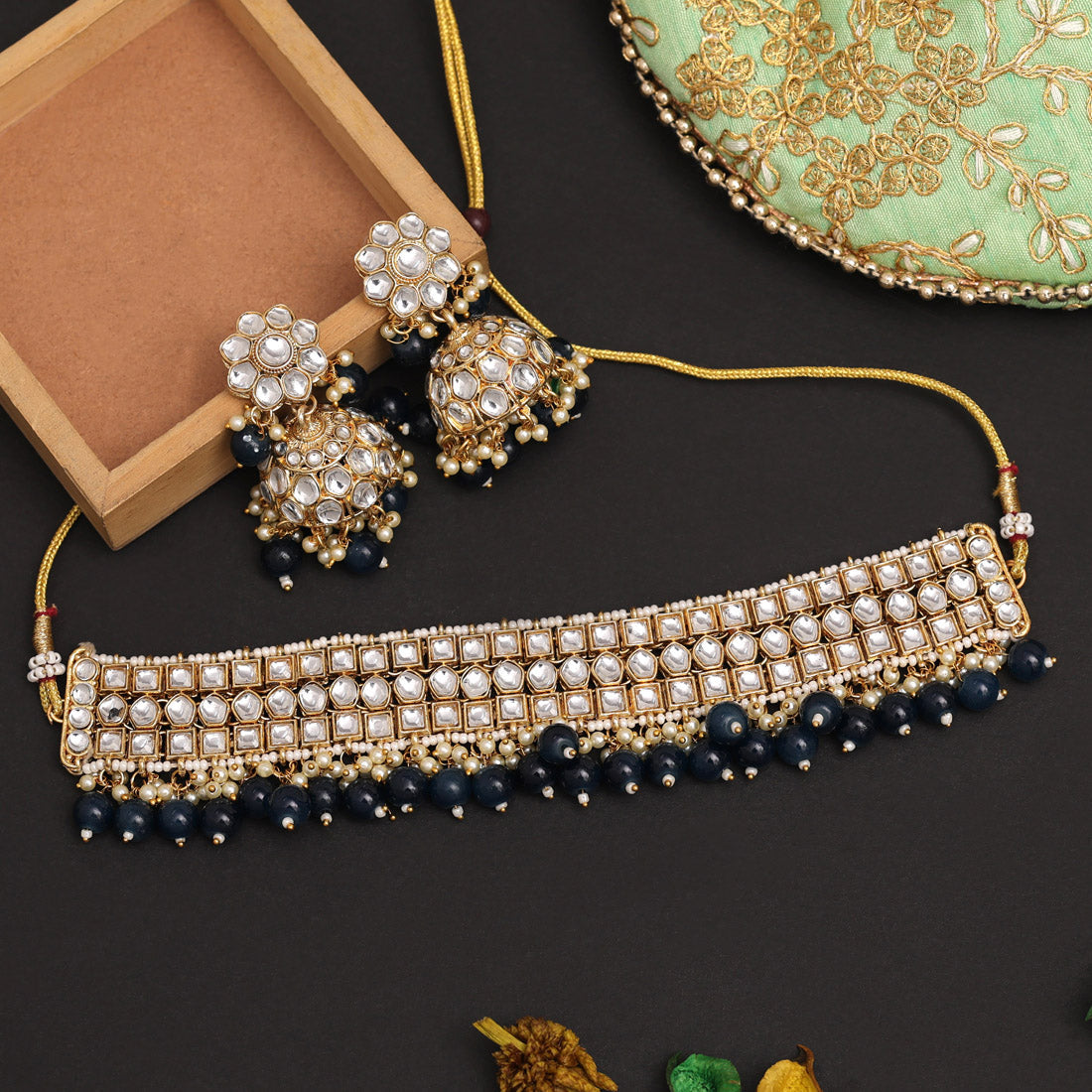 Blue Color Choker Kundan Necklace Set (KN1416BLU) - preyans.com