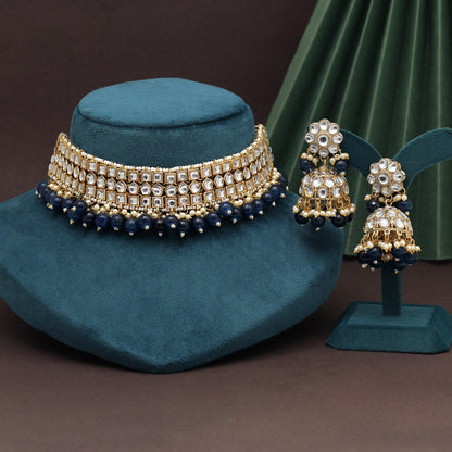 Blue Color Choker Kundan Necklace Set (KN1416BLU) - preyans.com