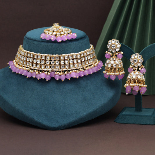 Light Purple Color Choker Kundan Necklace Set (KN1416LPRP) - preyans.com