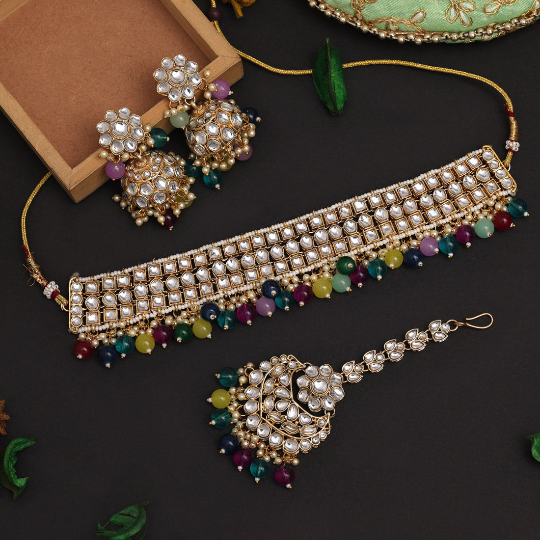 Multi Color Choker Kundan Necklace Set (KN1416MLT) - preyans.com