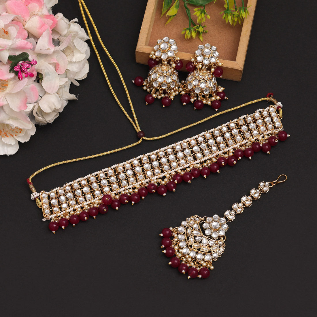 Maroon Color Choker Kundan Necklace Set (KN1416MRN) - preyans.com