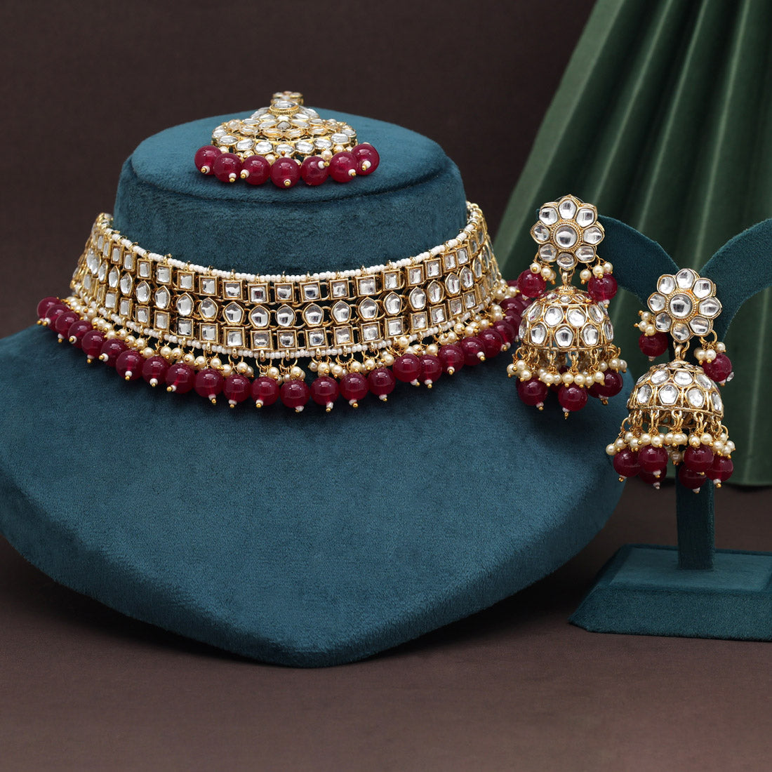 Maroon Color Choker Kundan Necklace Set (KN1416MRN) - preyans.com