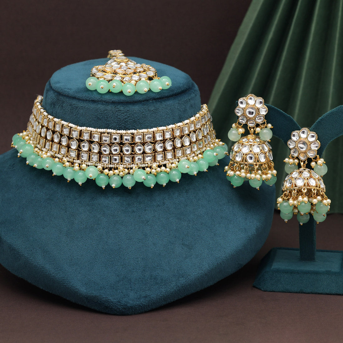 Parrot Green Color Choker Kundan Necklace Set (KN1416PGRN) - preyans.com