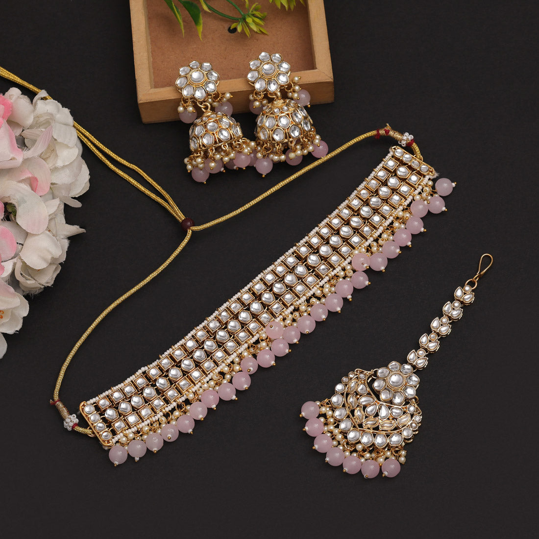 Pink Color Choker Kundan Necklace Set (KN1416PNK) - preyans.com