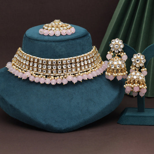 Pink Color Choker Kundan Necklace Set (KN1416PNK) - preyans.com