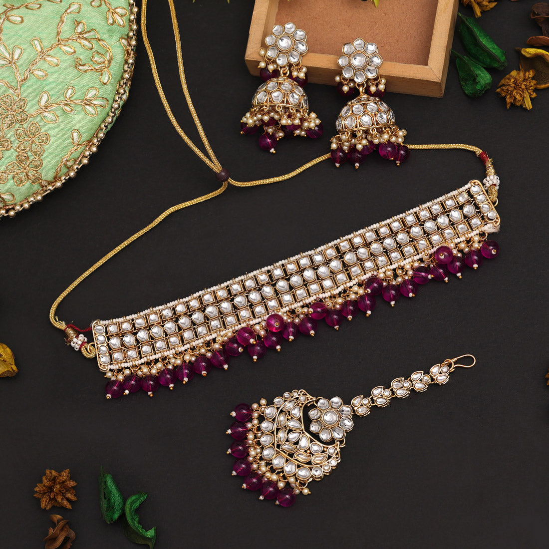 Purple Color Choker Kundan Necklace Set (KN1416PRP) - preyans.com