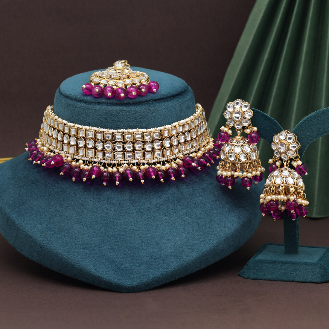 Purple Color Choker Kundan Necklace Set (KN1416PRP) - preyans.com