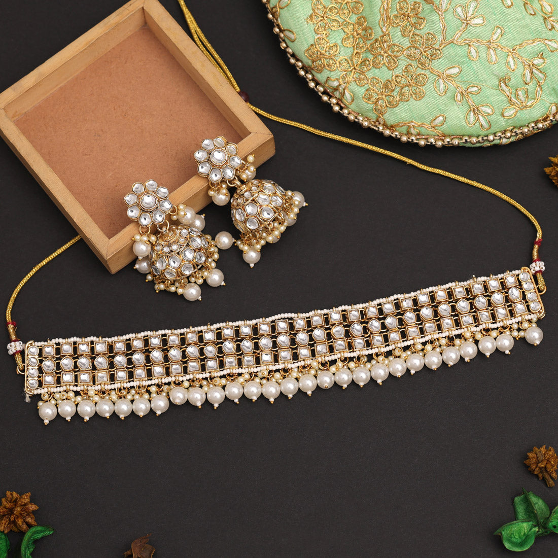 White Color Choker Kundan Necklace Set (KN1416WHT) - preyans.com