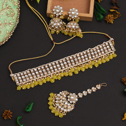 Yellow Color Choker Kundan Necklace Set (KN1416YLW) - preyans.com