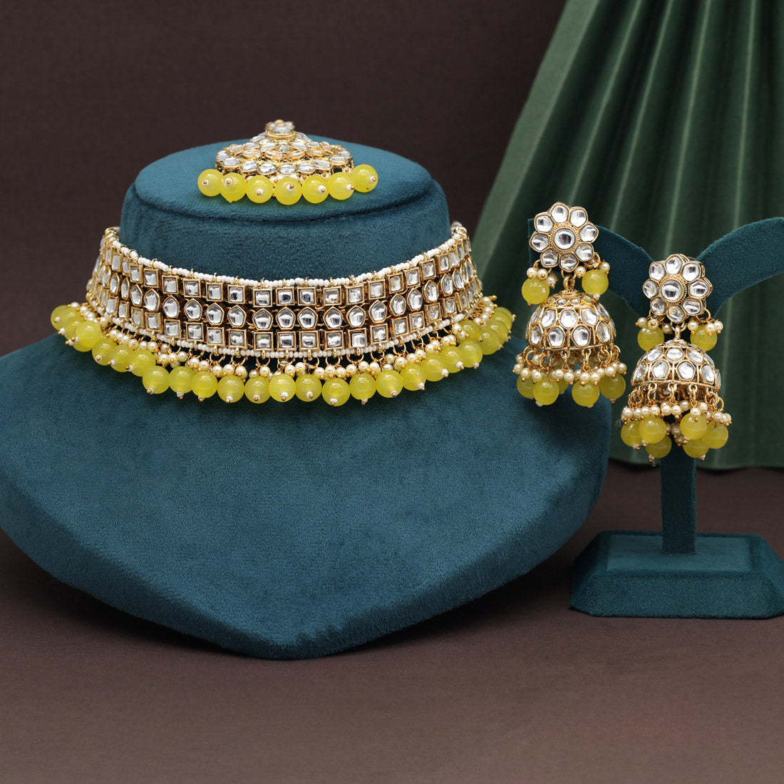 Yellow Color Choker Kundan Necklace Set (KN1416YLW) - preyans.com