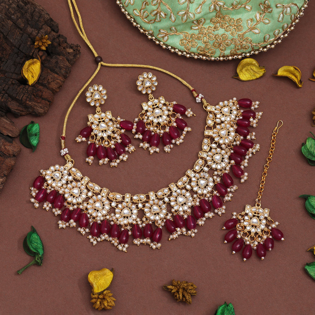 Rani Color Kundan Necklace Set (KN1417RNI) - Preyans.com