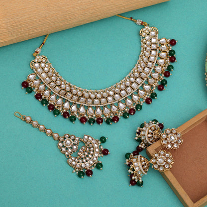 Maroon & Green Color Kundan Necklace Set (KN1421MG) - preyans.com