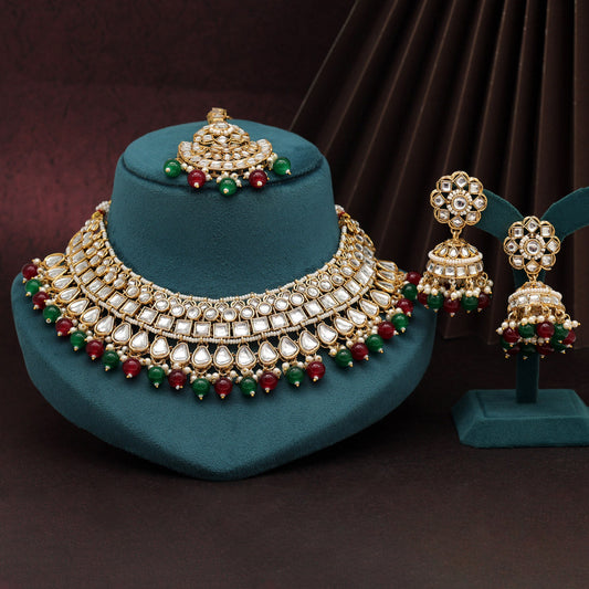 Maroon & Green Color Kundan Necklace Set (KN1421MG) - preyans.com