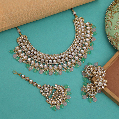 Pink & Parrot Green Color Kundan Necklace Set (KN1421PNKPGRN) - preyans.com