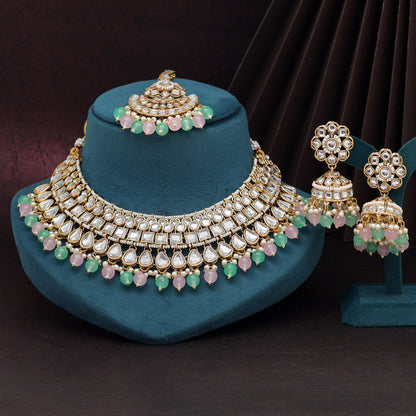 Pink & Parrot Green Color Kundan Necklace Set (KN1421PNKPGRN) - preyans.com