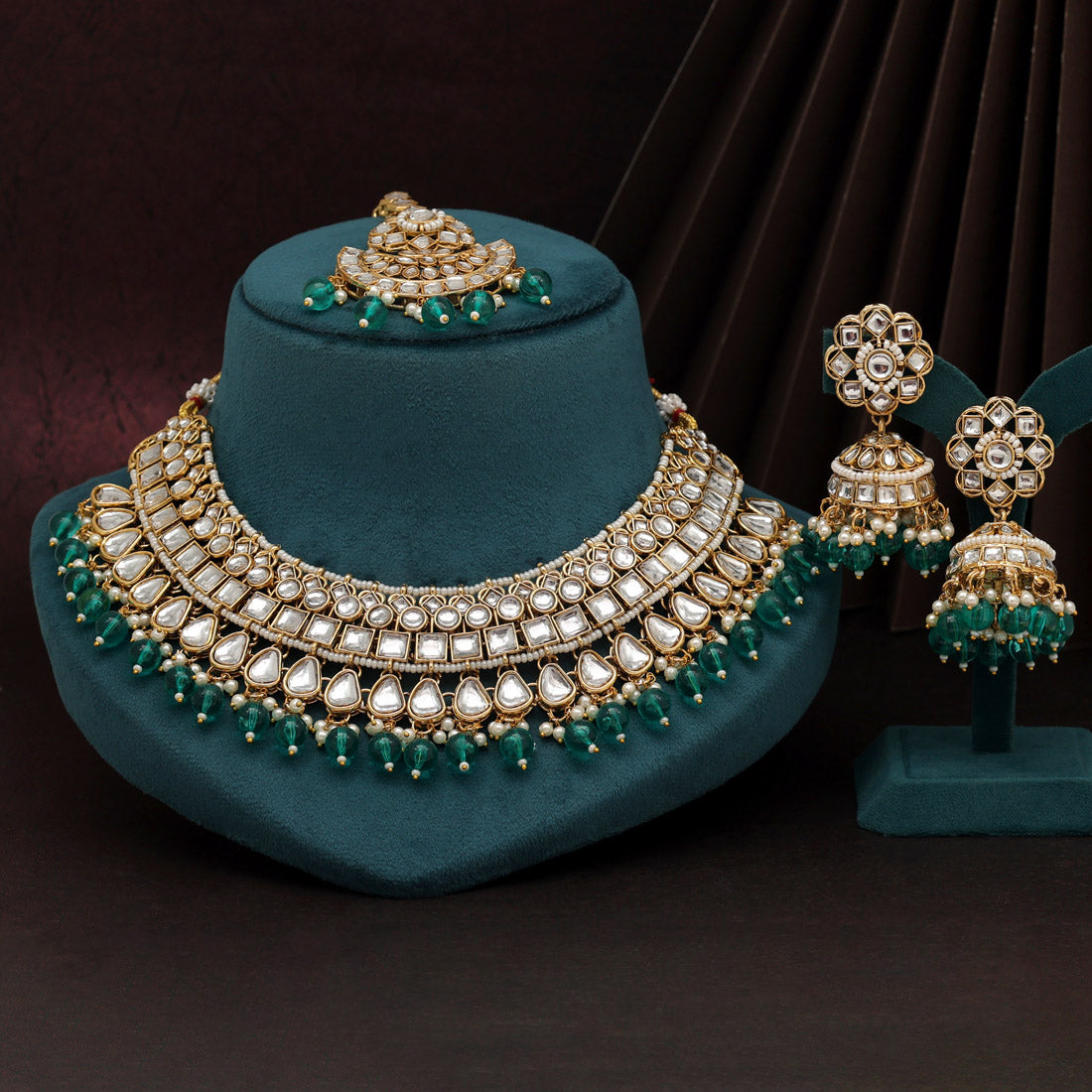 Rama Green Color Kundan Necklace Set (KN1421RGRN) - preyans.com