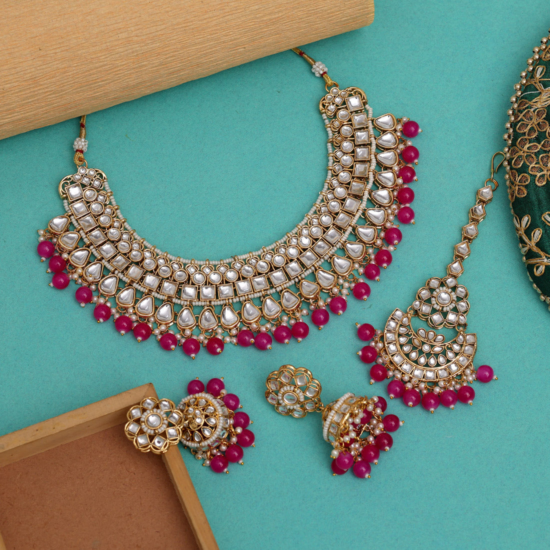 Rani Color Kundan Necklace Set (KN1421RNI) - preyans.com