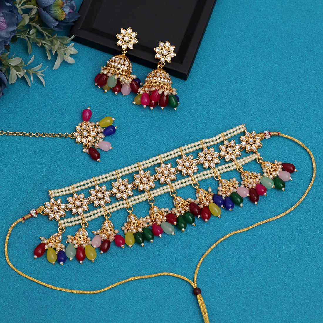 Multi Color Choker Kundan Necklace Set (KN1422MLT) - Preyans.com